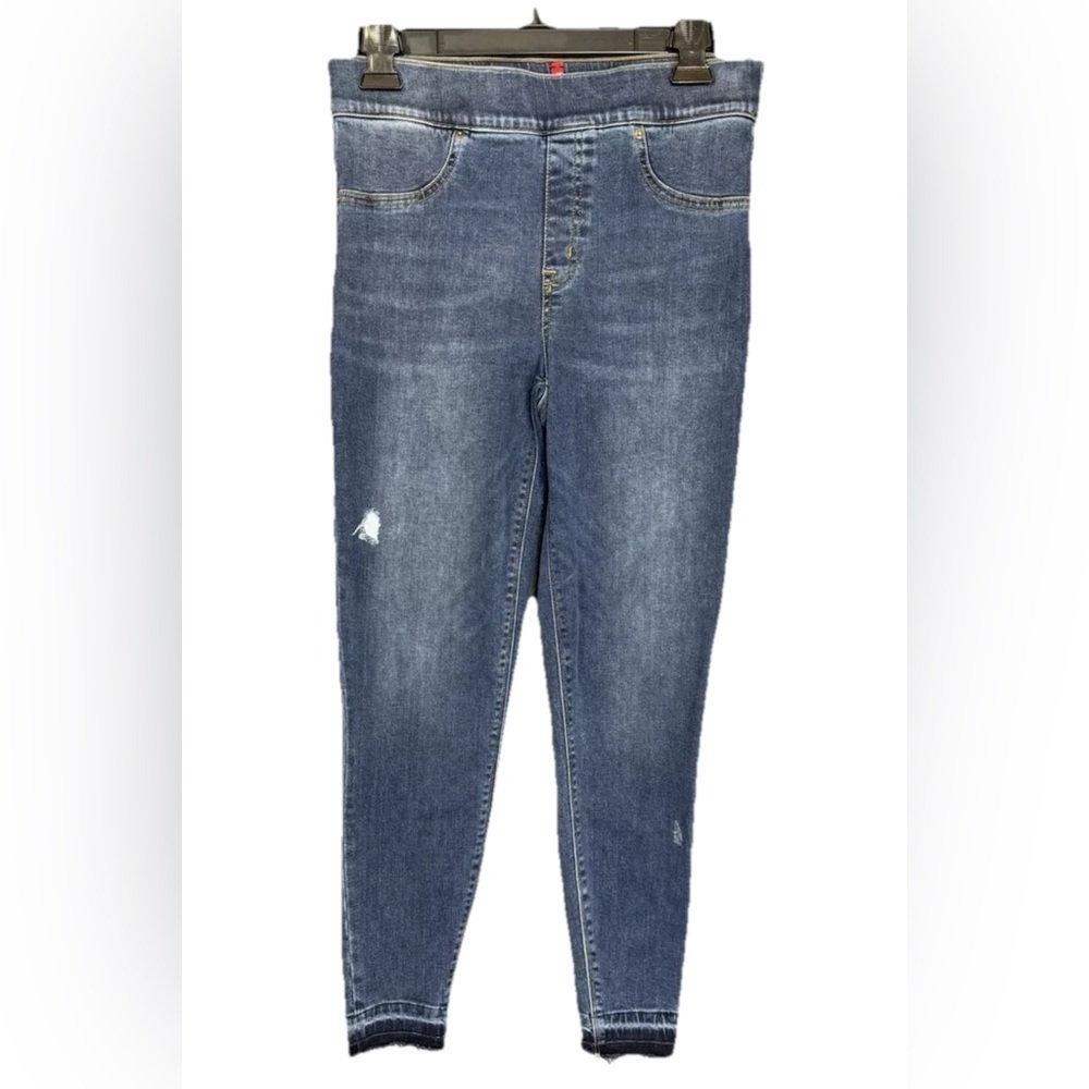 Spanx Jeans Womens Medium Blue Distressed Skinny Denim Leggings Fray Hem 20203R